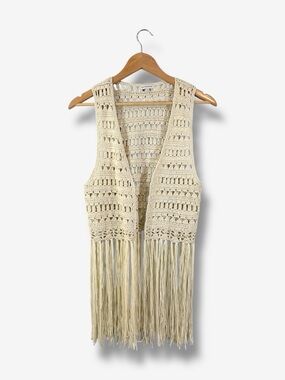 Boston Proper Cream Crochet Fringe Vest Size M Boho Festival Hippie Summer